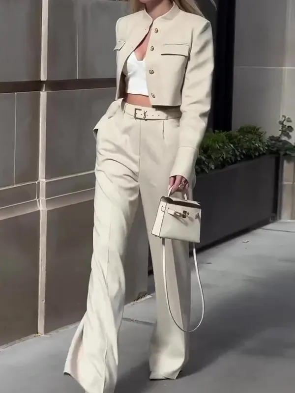 Solid Color Long sleeved Top High waisted Wide leg Pants Suit Apricot - Shop at LoveMi