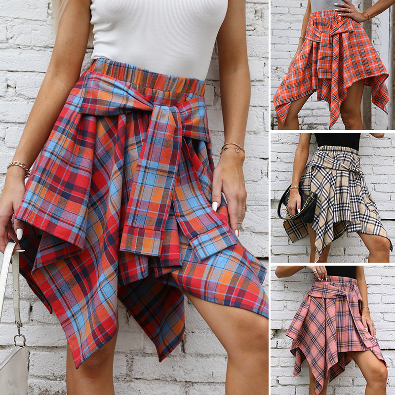 Women's Fashion Irregular High Waist Plaid Tie-Sleeve Skirt