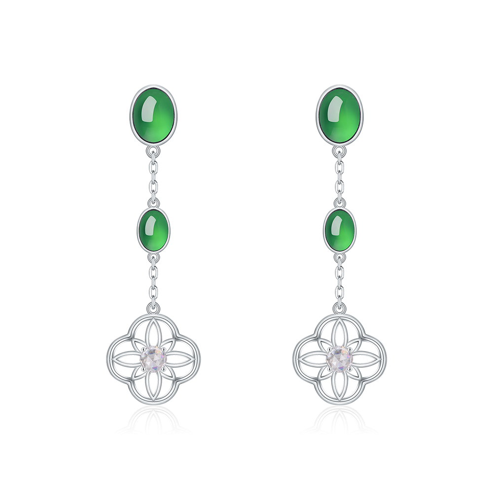 S925 Sterling Silver Dangle Earrings, 8x6mm Oval Green Chrysoprase Drop Earrings, Platinum Plated 4.7g Elegant Long Chain Earrings With Gift Box