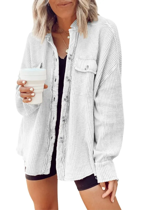 Button Shirt Jacket Women Lapel Long Sleeve Blouse Fashion Jacket Tops White - Shop at LoveMi