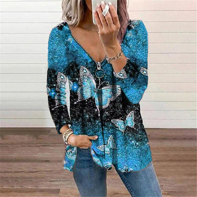 Butterfly Print Long-sleeved Plus Size Top