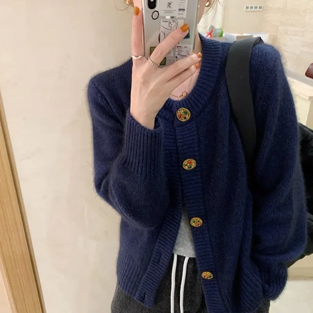 Loose Round Neck Jumper Jacket In Slouchy Style Navy Blue - Shop at LoveMi
