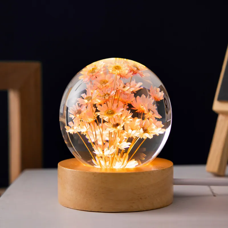 Luminous 3D Dandelion Crystal Ball Beech Wood Stand Base Preserved Flower Sphere Ball Desktop Ornaments Bithday Christmas Gifts – image 3