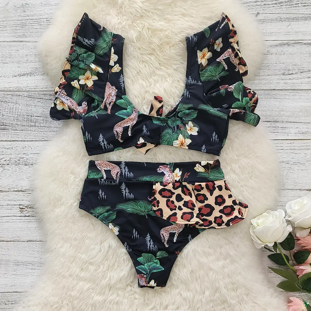 Women's Split Swimsuit Leopard Print Ruffled High Waist