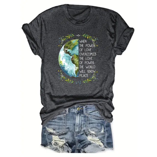 Women's Earth & Peace Slogan T Shirt 'Love Power & Green Earth' Print Casual Tee, Eco Friendly Short Sleeve Crew Neck Top Gray - Shop at LoveMi