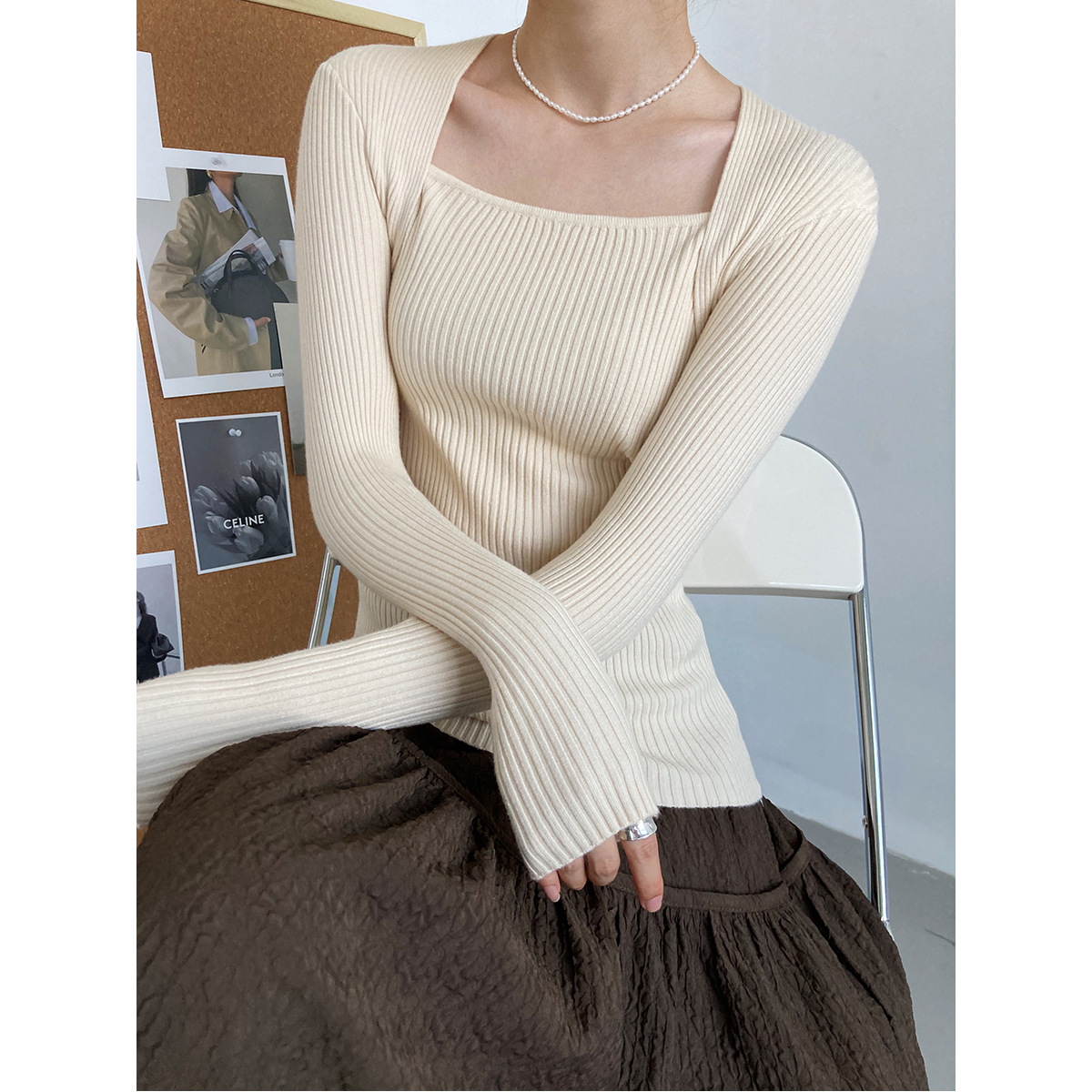 Title 2, Autumn Long Sleeve Square Neck Knit For Women