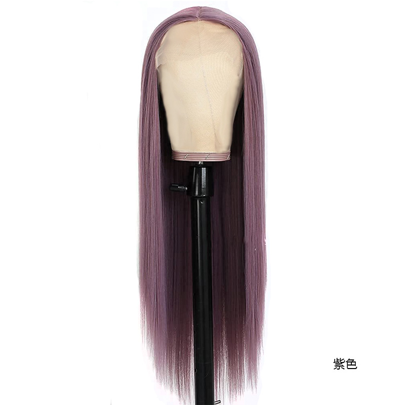 Ladies Front Lace Long Straight Chemical Fiber Wig Head Cover Purple - Shop at LoveMi