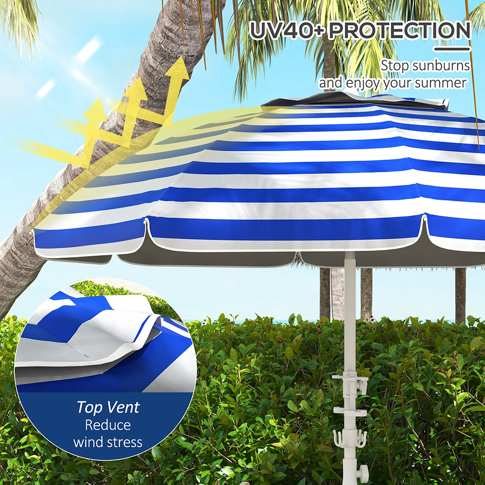 5.7' Beach Umbrella For Travel With Tilt, Adjustable Height, 2 Cup Holders, Hooks, Vent, Ruffles, Blue Stripe, Sapphire Blue