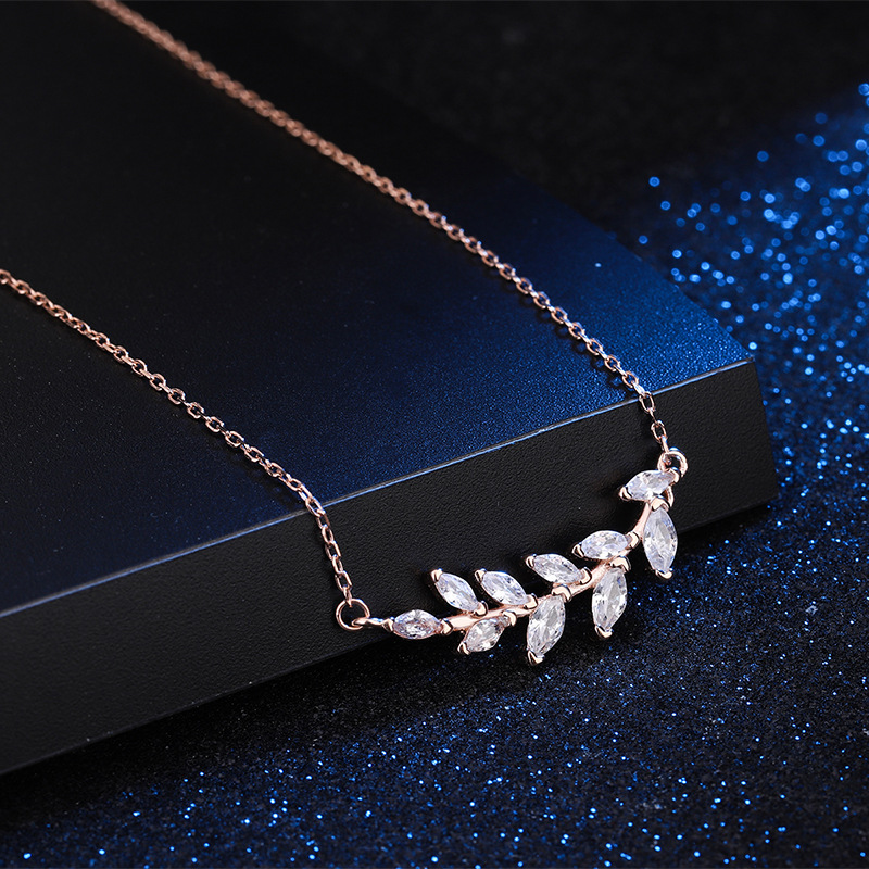 Women's Olive Branch Sterling Silver Diamond Leaf Clavicle Chain