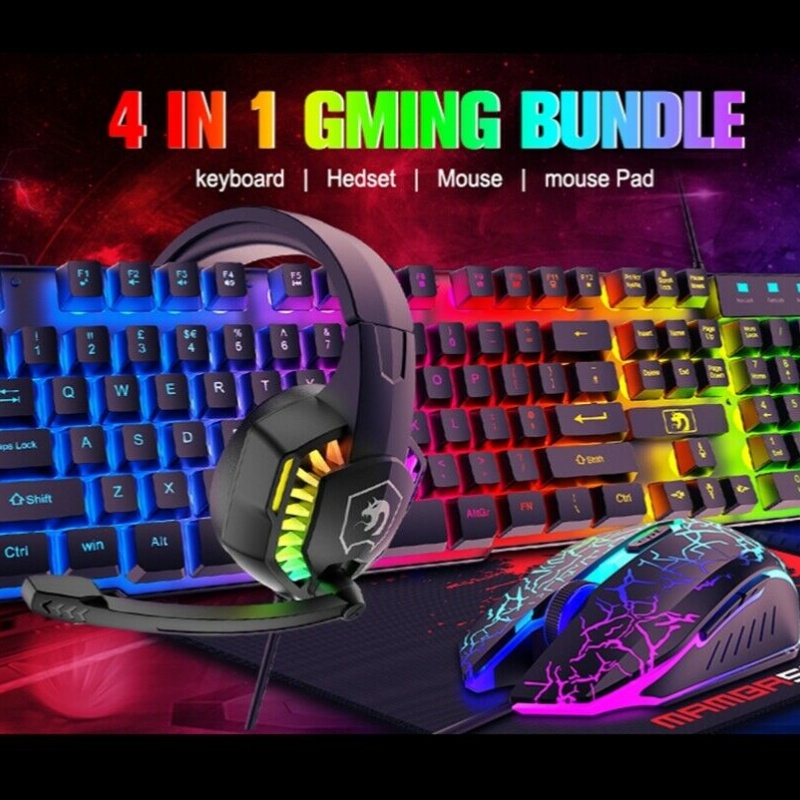 Gaming Keyboard & Mouse & Headset & Mousepad Set RGB Backlit Wired For PC Laptop 3