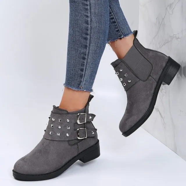 Suede Belt Buckle Rivet Vintage Round Head Heel Grey - Shop at LoveMi