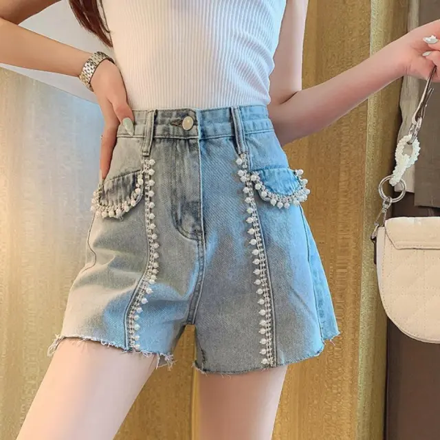 Pearl Stud High Waist Hot Pants Light Blue - Shop at LoveMi