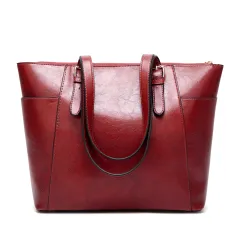 Oil Wax Leather Women Handbag Large Capacity Tote Bag - Red - View 1