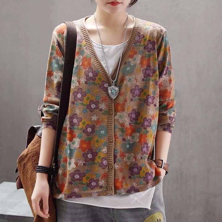 Women's Retro Art Floral Print Knitted Cardigan Sweater Coat Khaki - Shop at LoveMi