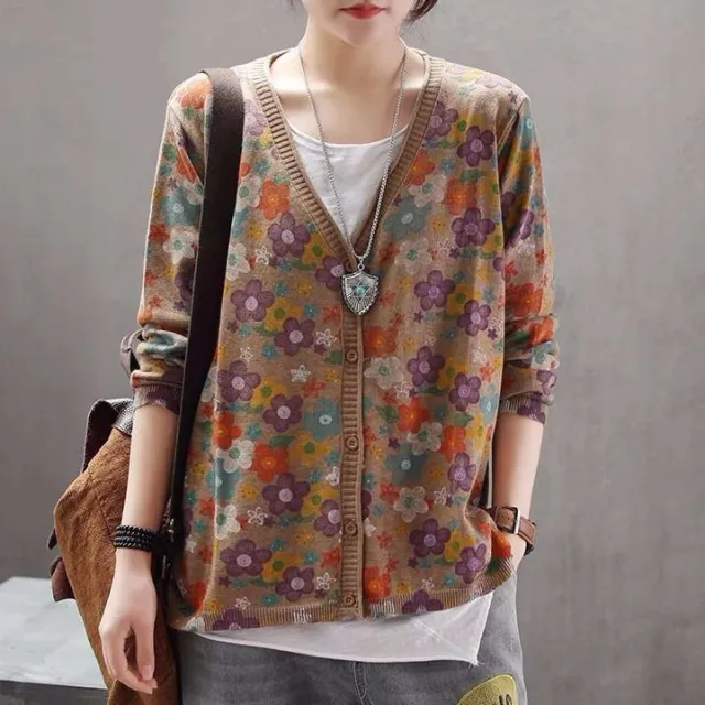 Women's Retro Art Floral Print Knitted Cardigan Sweater Coat Khaki - Shop at LoveMi