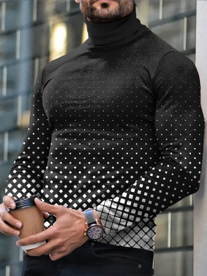 Autumn Winter Men's Long Sleeve Turtleneck T Shirt Printed Casual Top