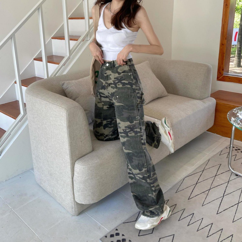 High Waist Camouflage Jeans Women's Autumn New Street Loose Slim Straight Trousers Mopping Pants