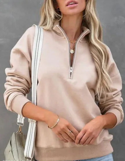 Solid Color Women's New Zip Lapel Long Sleeve Pullover Sweater Apricot - Shop at LoveMi