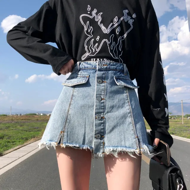 Retro Slim Half length A line Denim Skirt Blue - Shop at LoveMi