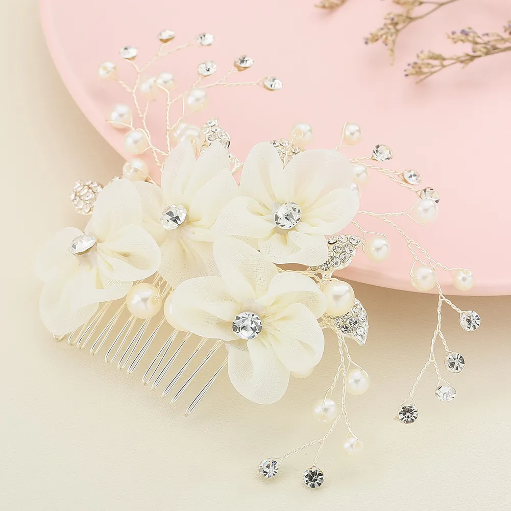 Bridal Wedding Tiara Pearl Rhinestone Hair Comb - Silver