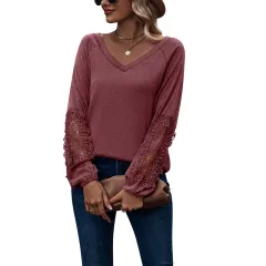 Loose Casual V-neck Lace Lace Long-sleeved - Wine Red - View 1