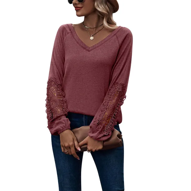 Loose Casual V neck Lace Lace Long sleeved Wine Red - Shop at LoveMi