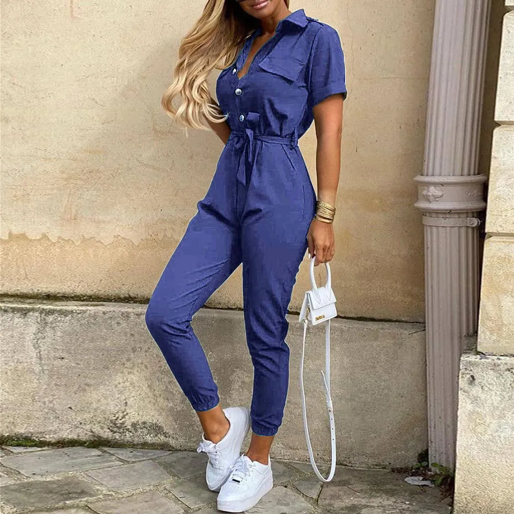 Casual Lapel Printed Belt Overalls - Blue