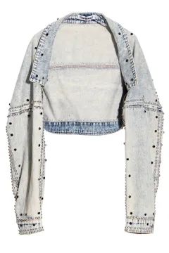 Women's High Waisted Shawl Denim Short Jacket - Picture Colour-S - View 1