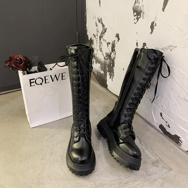 Thick Soled Thick Heeled High Top Rider Boots Black - Shop at LoveMi
