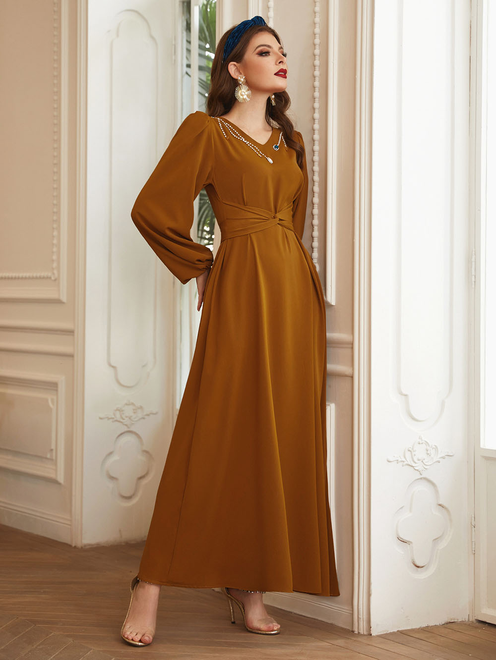 French Style Solid Color Long-sleeved Dress