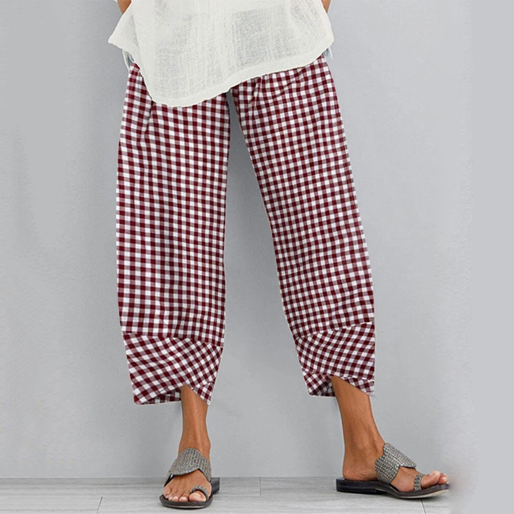 Cropped Pants With Checkered Panels For Versatility Red - Shop at LoveMi