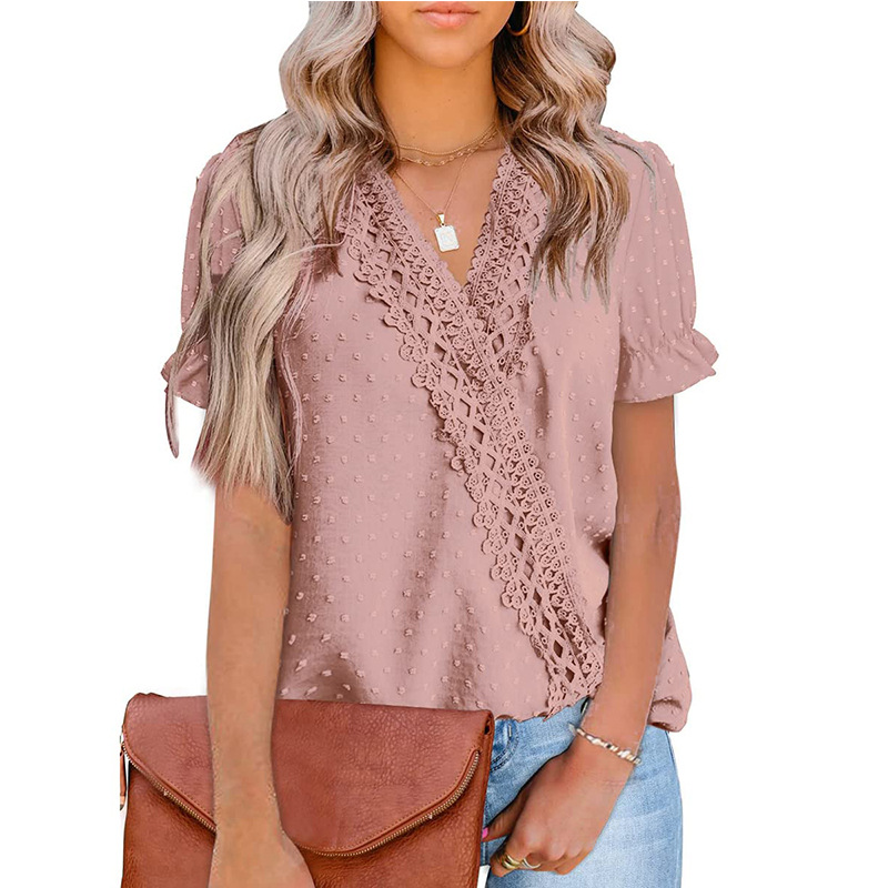 Women's Chiffon Pompom Lace V-neck Short Sleeve Shirt