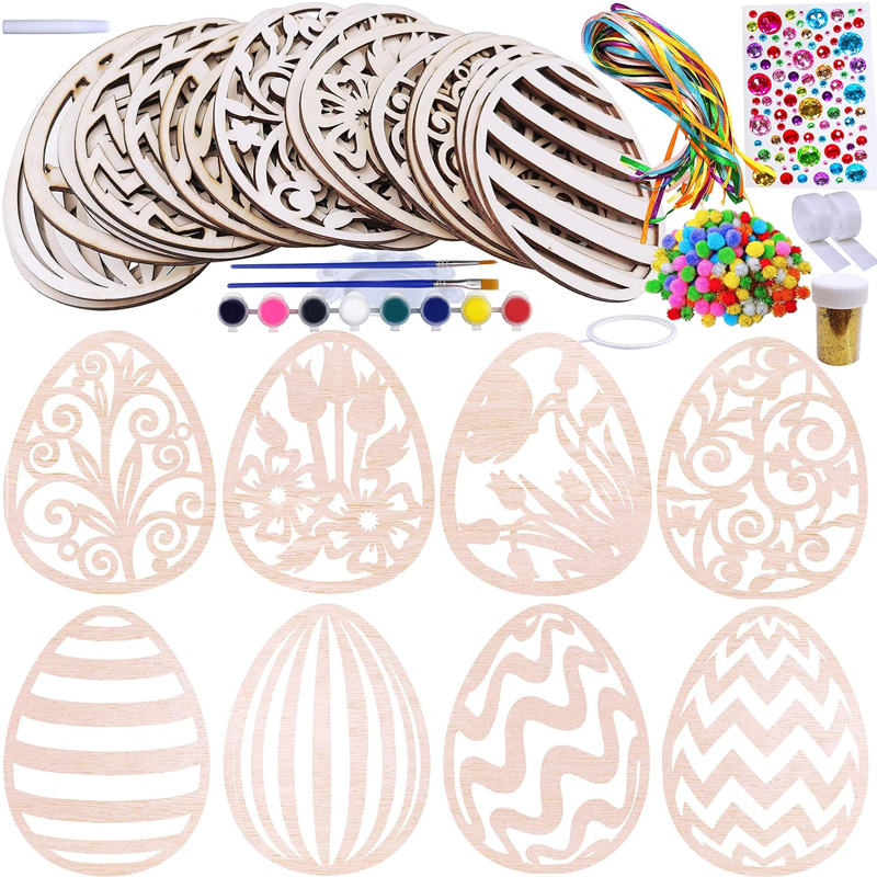 32 Sets Wooden Easter Ornaments Decorations DIY  Craft Kits Assorted Paintable Unfinished Wood Laser Cut Easter Egg Ornaments For Kids Easter Spring Classroom Home Activity Art Project 3