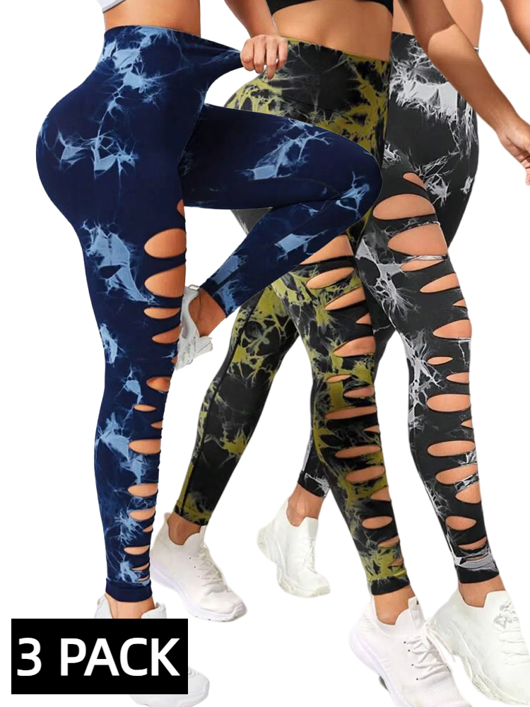 3 PACK Butt Lifting Yoga Gym Athletic Pants, Hollow Out Tummy Control Sports Leggings Tie Dye Running Pants - Image 1