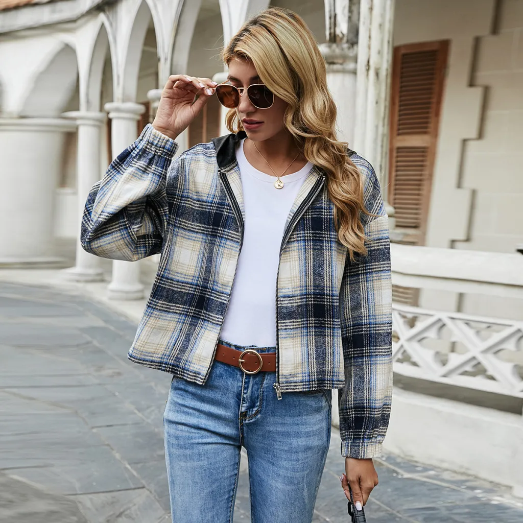 Women's European And American INS Fashion Loose Plaid Hooded Jacket Fall Winter - Check Pattern2