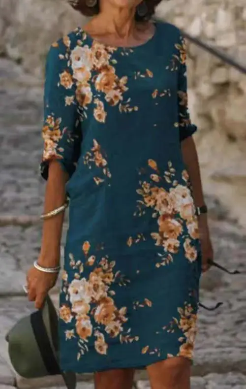 Casual Temperament Women'S Hedging Three-Quarter Sleeve Round Neck Large Swing Dress