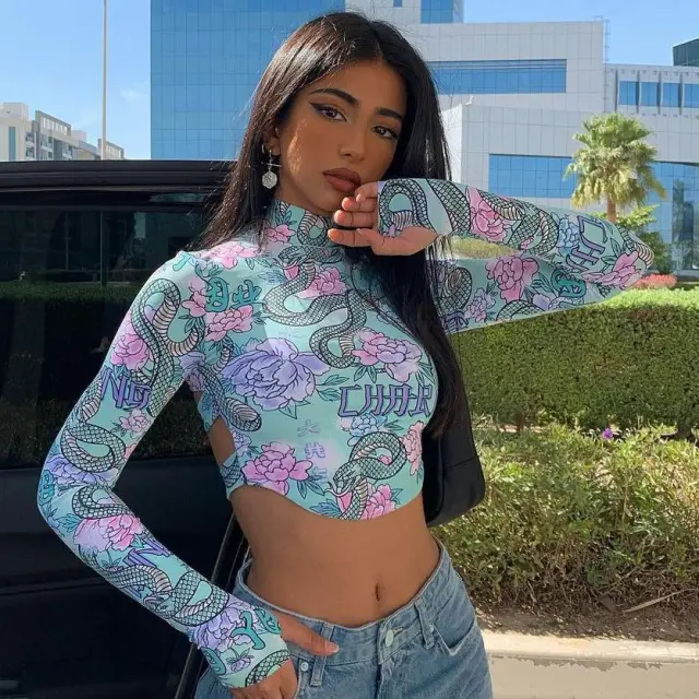 Stand up Collar Printed Halter Fashion Slim Bottoming Long sleeved T shirt Blouse Photo Color - Shop at LoveMi