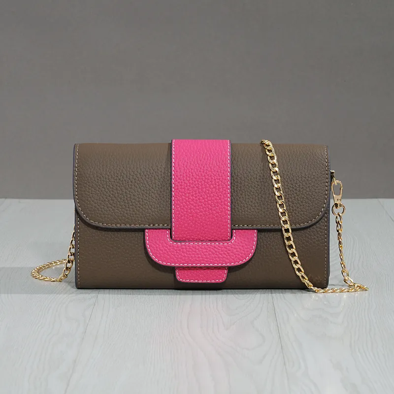 Cowhide Lychee Pattern Shoulder Bag Clutch Diagonal Simple Fashion - Red