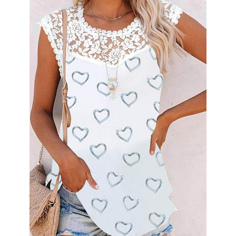 Summer Print Crew Neck Lace Trim Casual Loose Women's Tank Top Picture9 - Shop at LoveMi