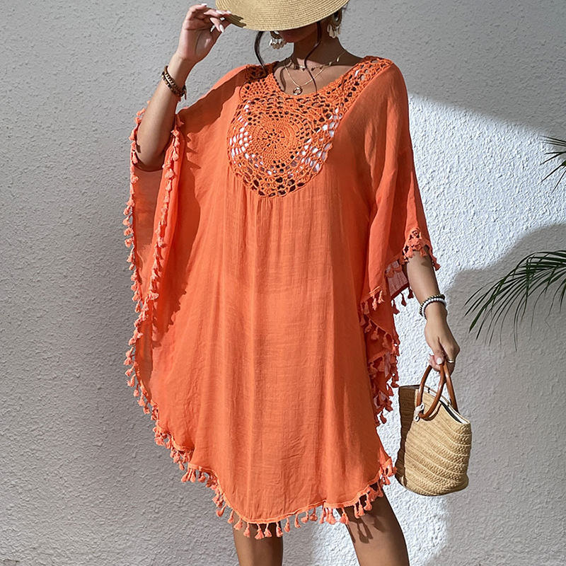 Sexy Tassel Trim Crochet Cover Up Women's Solid Color Beachwear, Summer Round Neck Boho Fashion Dress Orange - Shop at LoveMi