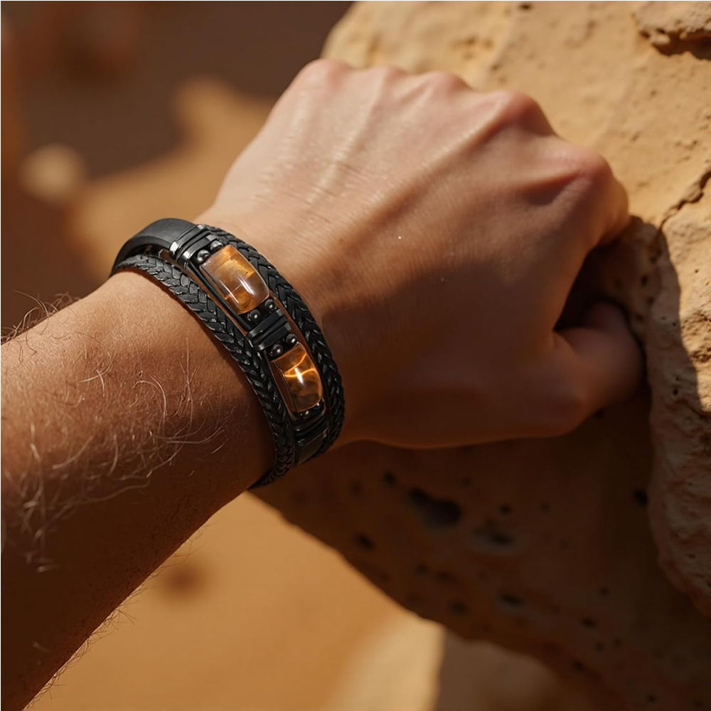 Natural Tiger Eye Stone Bracelet Healing Tiger Eye Quartz Leather Braided Gift - Image 5