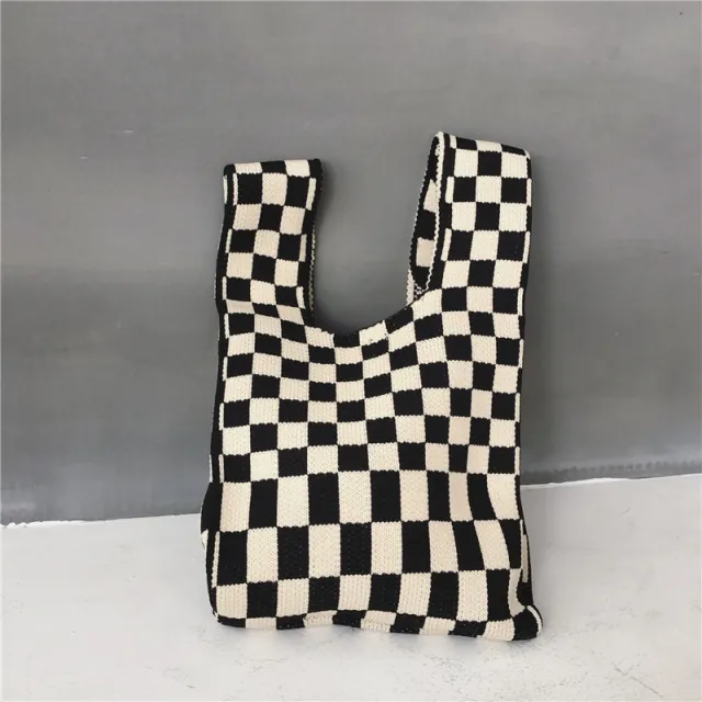 Woven Black And White Checkered One shoulder Armpit Bag White - Shop at LoveMi