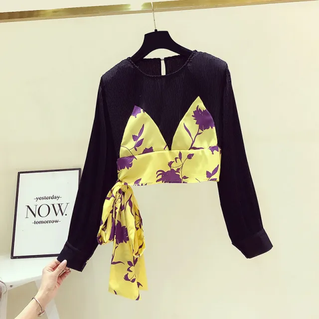 Cropped Tie Up Bow Pleated Top French Black - Shop at LoveMi