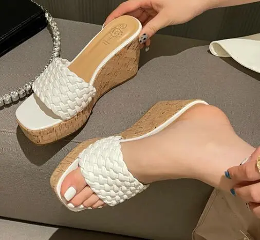 Wood Grain One word Drag Square Head Woven Wedge Sandals And Slippers White - Shop at LoveMi