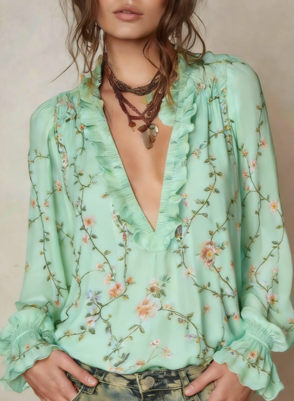 Women's Bohemian Retro V-neck Loose Long-sleeved Top