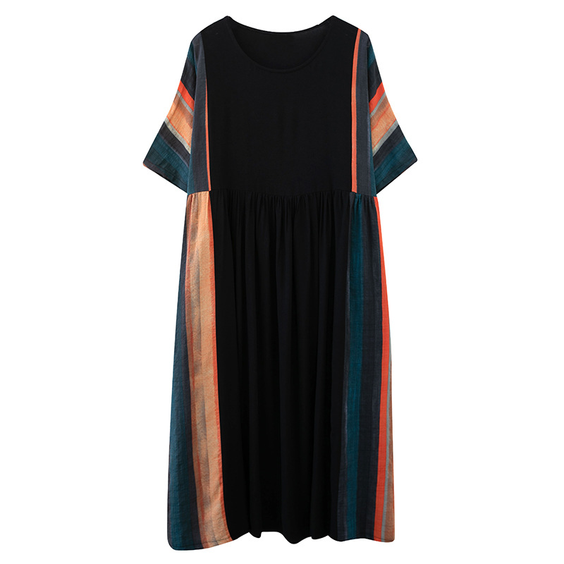 Round Neck Short Sleeve Striped Panel Swing Dress
