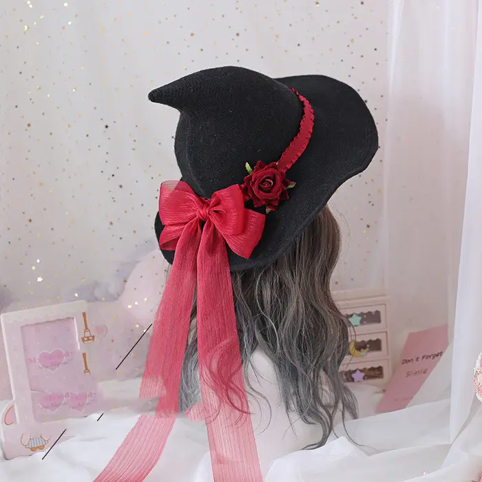 Lolita Halloween Retro Witch Hat Masquerade Rose Big Bow