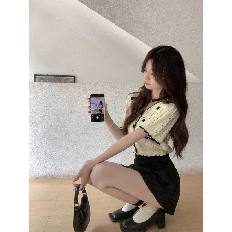 Thin Knitted Bow Short-sleeved V-neck Cardigan Top Women Plus Short Skirt