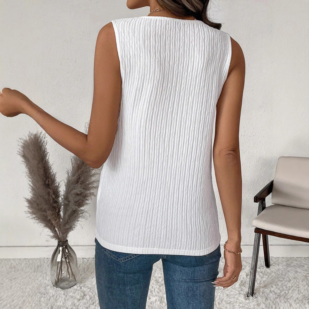 Women’s Fashion Casual Sleeveless V-Neck Layered Collar Pleated Texture Jacquard Tank Top