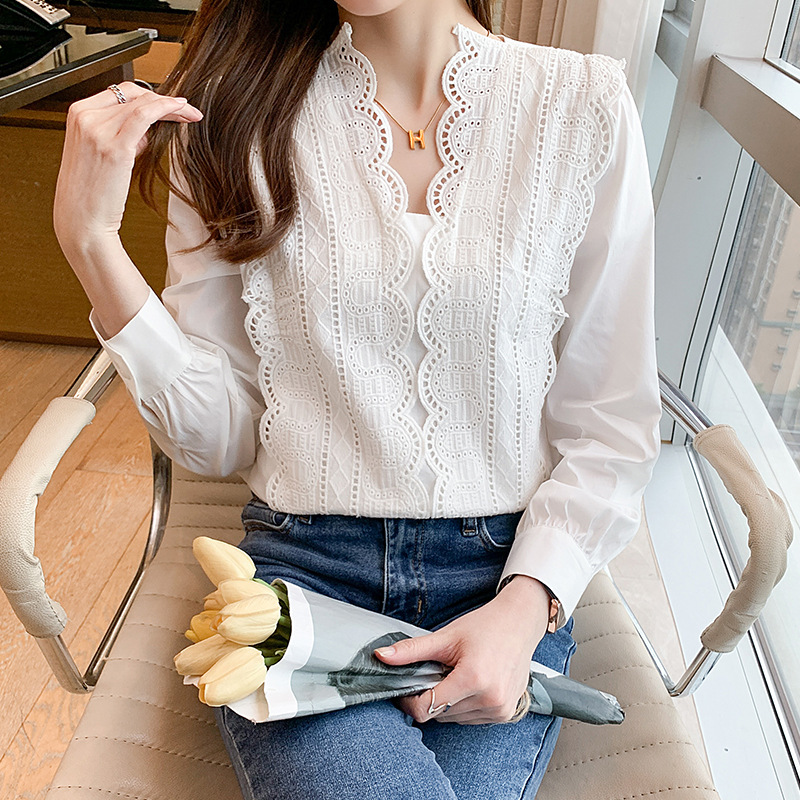 Title 2, Lace Hollow Stitching Loose Puff Sleeve Shirt